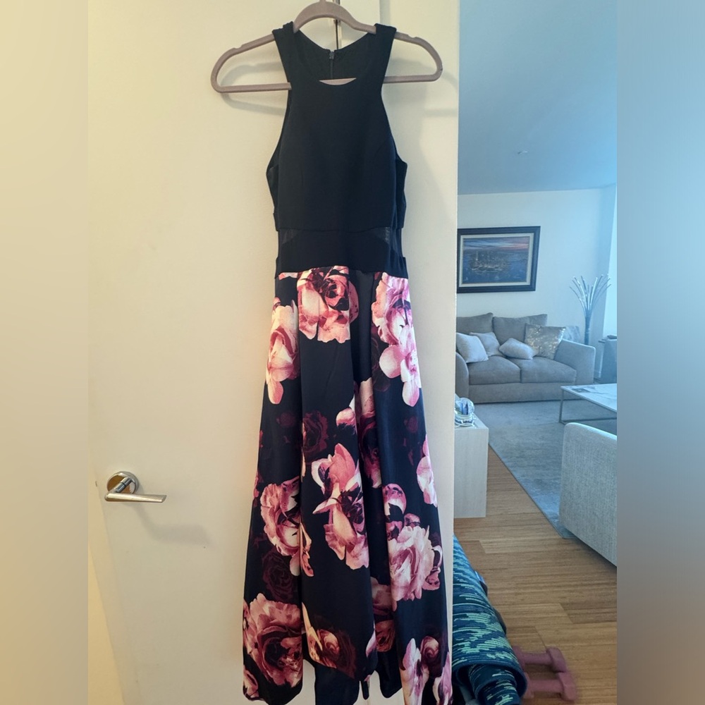 Navy blue gown with pink flower print. - Picture 2 of 6